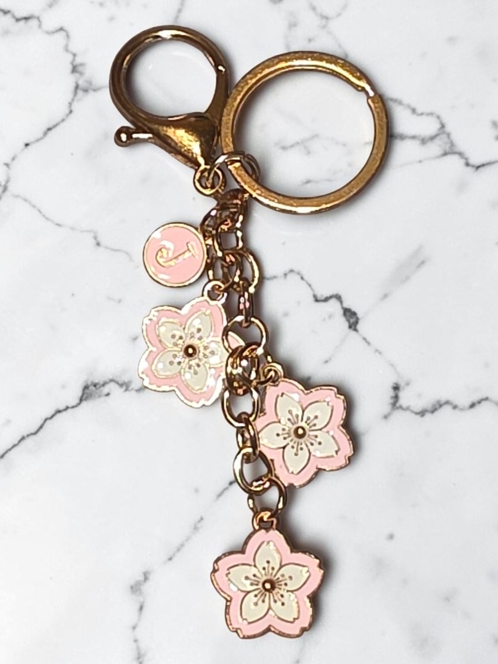 Gold-Tone Pink & White, Blue & White, Black & White Initial Floral Keychain- NEW